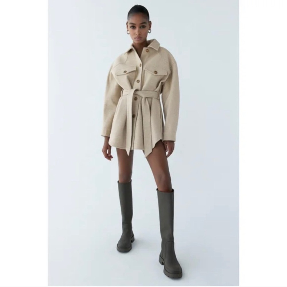 ZARA Beige Oversized Jacket Shacket with Front Tie